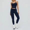 Ensemble de yoga bleu marine pour femme avec crop top dos nu et leggings à rayures taille haute - S / Débardeur + Pantalon Long / Bleu Abysse