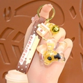 Brown bubble tea keychain with cute floating bear and golden bell hanging pendant - Pentagram