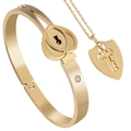 Gold stainless steel jewelry set featuring a heart lock bracelet and key shield necklace - Double Heart Pendant / Gold