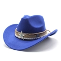 Macro view of blue wool cowboy hat featuring silver star badge and layered braided bands - M (56-58cm) / Blue