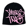 Detalle del gorro de punto negro con texto jacquard rosa de estilo grafiti - Negro y Rosa