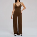 Women's dark brown brushed yoga set featuring strappy sports bra and wide-leg trousers - S / Brown