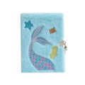 Light blue plush mermaid notebook with soft fur texture and silver lock for kids - Blue
