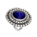 Macro view of vintage silver cocktail ring with large oval blue stone and rhinestones - Adjustable Open / Antique Silver Royal Blue