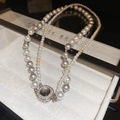 Elegant double-layer pearl necklace with gray and white pearls and jewel-set clasp - Gray White Yellow Tri-color (35#) / Gray-White-Yellow