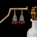Bohemian silver drop earrings with vintage hollow teardrop pattern and red beads - E5937-1 Red Hollow Teardrop