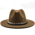 Chapeau fedora classique en laine marron foncé avec une chaîne dorée élégante - 58cm (Taille unique) / Chameau Foncé