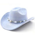 Close-up of light blue suede cowboy hat with sea star beads and turquoise stone trim - Light Sky Blue