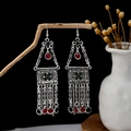 Bohemian retro silver drop earrings with red green stones and hanging tassels - Red Green Faux Stone Carved Tassel Style (E2959)