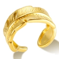 Adjustable golden feather open ring crafted in polished stainless steel for women - Style D Gold