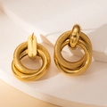 Vintage gold layered textured earrings with interlocking polished and matte rings - Gold Double Interlocking Studs (BJGE0705)