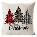 Beige linen Christmas pillowcase with plaid and leopard print trees and Merry Christmas text - BZ0888-38 (Three Plaid Christmas Trees)