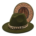 Dark green wool fedora hat with gold chain and leopard print lining, dual view - M (56-58cm) / Army Green