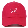 Detailed close-up of a red cotton baseball cap featuring white bow ribbon embroidery - Rose Red