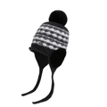 Gorro de invierno de punto con ondas negras, pompón grande y orejeras forradas de felpa - Negro y Gris