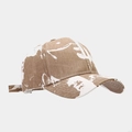 Detail of vintage washed khaki baseball cap with white paint splatter artistic design - Khaki Ink Splash Art Style (Color #6)