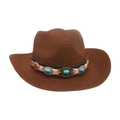 Sombrero de vaquero de paja marrón oscuro con detalles bohemios de turquesa y ámbar - Café