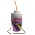 Rainbow sequin crossbody bag in soda cup shape with Unicorn Tears graphic and chain strap - Purple