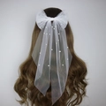 Elegant white mesh bow hair clip with pearl accents on brown hair for bride hair styling - 45cm / White