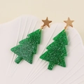 Macro detail of Christmas tree earrings with green glitter finish and gold star studs - Green Christmas Tree