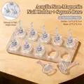 Detailed view of 10 transparent acrylic nail stands and a square base with size dimensions - 10-Slot Non-Magnetic Base 04 - Clear