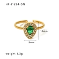 Anello placcato oro 18K con zircone a goccia verde e accenti di cristallo bianco - Aperto Regolabile / Stile Goccia d'Acqua Verde (HF-J1295-GN)