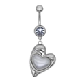 Silver belly button ring with heart-shaped pendant and white zircon inlay - Shell-Look Heart Style (24040801-6)