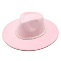Close-up of pink wool fedora hat crown featuring elegant pearl bead strand decoration - M(56-58cm) / Pink