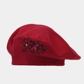 Detail of red knitted beret showing 3D fabric flower with delicate beads embellishment - M (56-58cm) / Burgundy