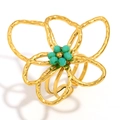 Gold-plated flower ring featuring turquoise beads and hammered texture metal petals - Gold Green