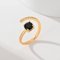 Gold plated leaf open ring featuring a round black gemstone and tiny zircon accents - Black Round Stone Style (JZ016)