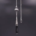 Gothic angel wing pendant necklace with black hexagonal crystal and silver filigree detail - Black Agate