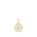 Hexagonal 18k gold plated titanium necklace pendant with letter Q and pearl shell - Letter Q