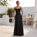 Elegant black floral jacquard maxi evening dress with spaghetti straps for formal parties - S / Bottoms / Black