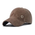 Detail of dark brown corduroy baseball cap with rhinestone letter D and soft texture - Corduroy Rhinestone D Decoration / Brown