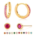Detail showing gold hoop earrings with pink gemstones and various birthstone color options - Hoop and Stud Set / Gold - Rose Red