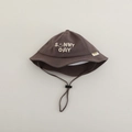 Detail of dark brown kids sun hat featuring sunny day embroidery and adjustable wind cord - 48-50cm (1-2 Years) / Brown