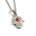 Silver Hamsa Hand necklace with red Evil Eye pendant and sparkling crystal pavé - With Necklace / Steel Red