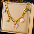 Collar de cadena gruesa dorada con cuentas de porcelana azul y dijes de mariposa - Pulsera Temática de Mariposa (N3124)