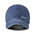 Close-up of white script mama embroidery on washed navy blue cotton baseball cap - One Size / Navy Blue