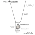 Silberne Edelstahlkette mit Süßwasserperlen-Anhänger und Maßangaben im Bild - Stahlfarbe