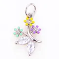 Pendentif floral tricolore avec fleurs en émail jaune, violet et vert menthe pour bijoux - Style F / Or blanc