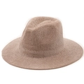 Close-up of knit texture and wide brim on a khaki chenille fedora hat for winter - M (56-58cm) / Pink