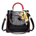 Black embossed leather tote bag with red contrast handles and decorative floral silk scarf - Black/Red Handles/With Scarf