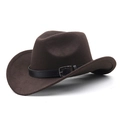 Detail view of a dark brown felt cowboy hat with a black leather band and silver buckle - M (56-58cm) / Coffee