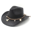 Close-up of black straw cowboy hat with ethnic beads shell and tassel trim decoration - M (56-58cm) / Black