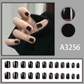 Short square black fake nails with purple French tips in a complete 24-piece salon set - Glue Type (Set of 24) / Glossy Black Purple French Tip (A3256)