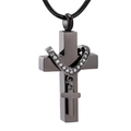 Detail of black stainless steel cross urn necklace with shimmering zircon wrap embellishments - Snake Chain / Black