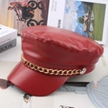 Detail of red PU leather baker boy hat with a chunky gold metal chain and side buttons - One Size 58cm / Wine Red Gold Ring Chain Style