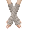 Long khaki cable knit fingerless gloves and warm arm sleeves for men and women - One Size / Light Gray